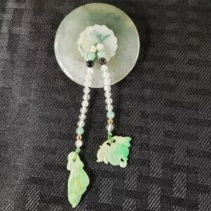 Jade Disc Brooch with Beaded Dangles